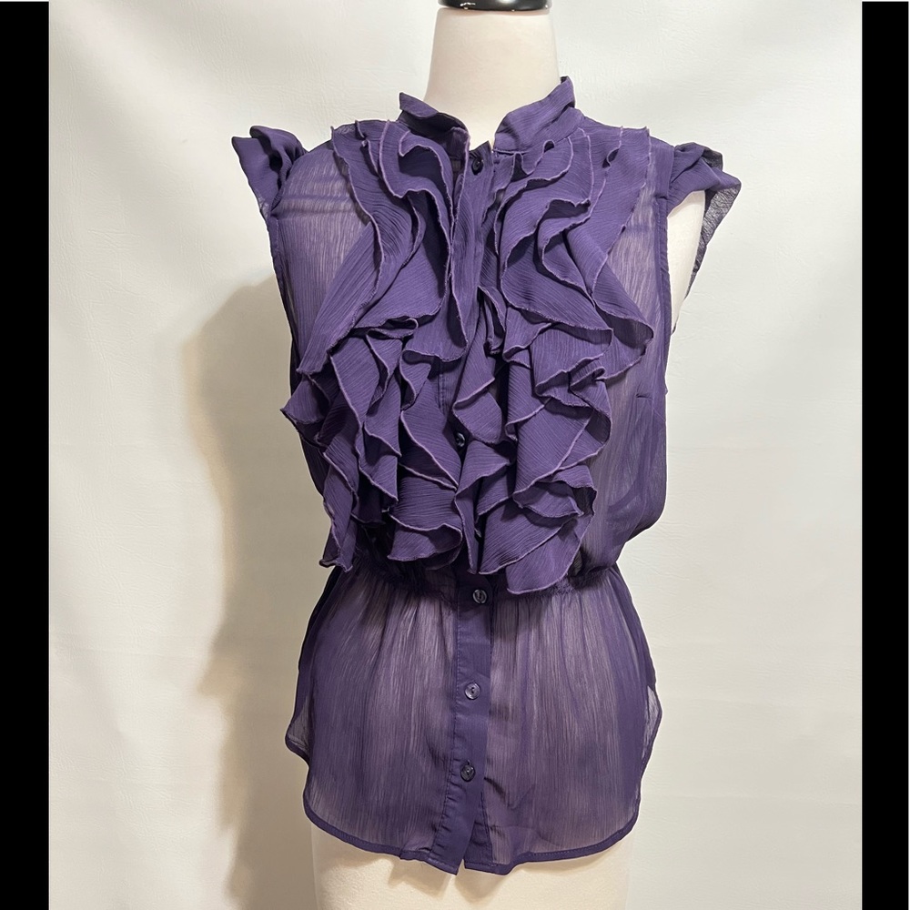 Milley Cyrus Max Azrias shirt top sz L purple sleeveless EUC ruffle chest button